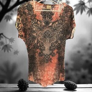 Daytrip Black and White Burn out Bling Short Sleeve Blouse Size Medium